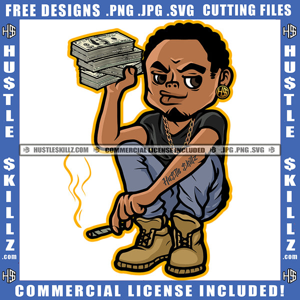 African American Man Holding Money Bundle Melanin Nubian Black Man Smoking Marijuana Design Element Magic Ski Gangster SVG JPG PNG Vector Clipart Cricut Cutting Files