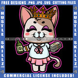 African American Cute Cat Holding Money Bundle And Drink Bottle Design Element Crown On Cat Head SVG JPG PNG Vector Clipart Cricut Cutting Files