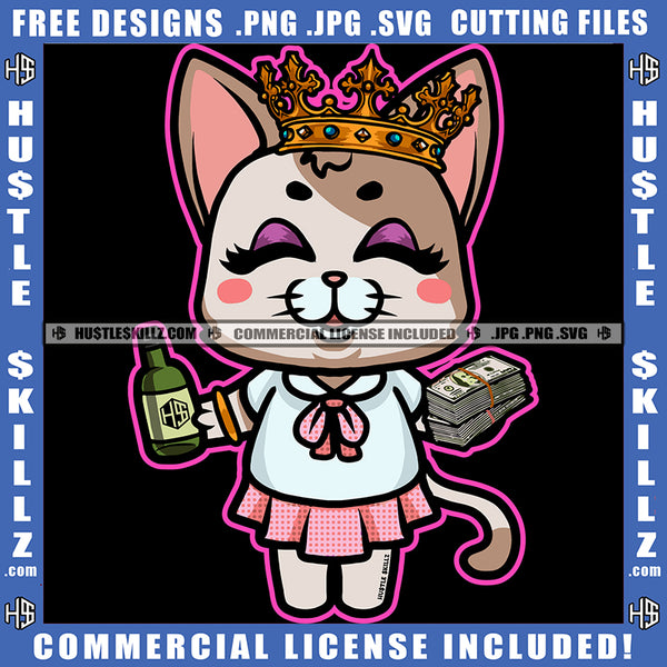 African American Cute Cat Holding Money Bundle And Drink Bottle Design Element Crown On Cat Head SVG JPG PNG Vector Clipart Cricut Cutting Files