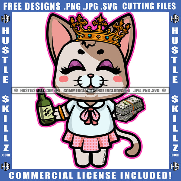 African American Cute Cat Holding Money Bundle And Drink Bottle Design Element Crown On Cat Head SVG JPG PNG Vector Clipart Cricut Cutting Files
