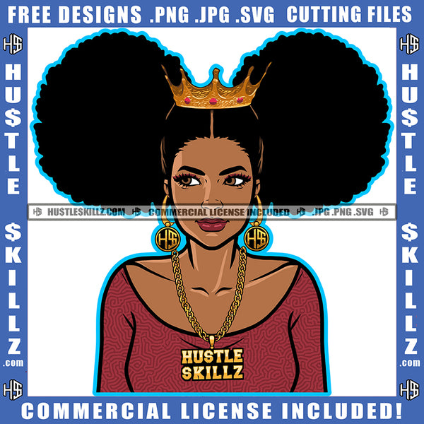 African American Curly Hair Woman Crown On Head Melanin Nubian Girl Head Design Element Black Girl Magic Ski Gangster SVG JPG PNG Vector Clipart Cricut Cutting Files