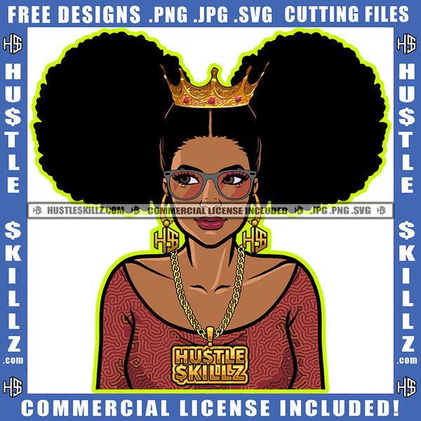 African American Curly Hair Woman Crown On Head Melanin Nubian Girl Wearing Sunglass Design Element Black Girl Magic Ski Mask Gangster SVG JPG PNG Vector Clipart Cricut Cutting Files