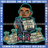 African American Gangster Man Holding Money Bag Melanin Nubian Black Man Curly Hair Lot Of Money On Floor Magic Ski Mask Gangster SVG JPG PNG Vector Clipart Cricut Cutting Files