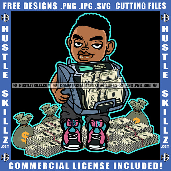 African American Gangster Man Holding Money Bag Melanin Nubian Black Man Curly Hair Lot Of Money On Floor Magic Ski Mask Gangster SVG JPG PNG Vector Clipart Cricut Cutting Files