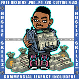 African American Gangster Man Holding Money Bag Melanin Nubian Black Man Curly Hair Lot Of Money On Floor Magic Ski Mask Gangster SVG JPG PNG Vector Clipart Cricut Cutting Files