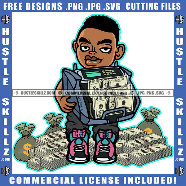 African American Gangster Man Holding Money Bag Melanin Nubian Black Man Curly Hair Lot Of Money On Floor Magic Ski Mask Gangster SVG JPG PNG Vector Clipart Cricut Cutting Files