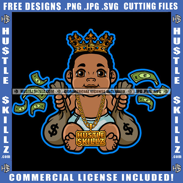 African American Boy Sitting On Floor Melanin Boy Holding Money Crown On Head Smile Face Design Element SVG JPG PNG Vector Clipart Cricut Cutting Files