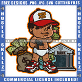 African American Baby Boy Standing Design Element Melanin Boy Holding Gun And Money Money Bag On Floor SVG JPG PNG Vector Clipart Cricut Cutting Files