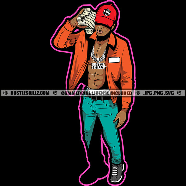 African American Man To Carry Money Bundle Design Element Wearing Cap Vector Rapper Standing Black And White Background SVG JPG PNG Vector Clipart Cricut Cutting Files