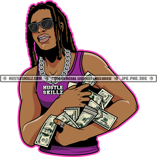 Locus Hair Style Man African American Boys To Carry Money Bundle Vector Design Element Rapper Wearing Sunglass SVG JPG PNG Vector Clipart Cricut Cutting Files