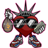 Statue Of Liberty Cartoon Character Wearing Sunglass Vector Heart Holding Cash Money Bundle And Money Bag White Background Crown On Heart Head  SVG JPG PNG Vector Clipart Cricut Cutting Files