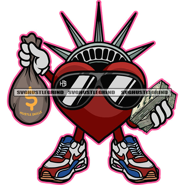 Statue Of Liberty Cartoon Character Wearing Sunglass Vector Heart Holding Cash Money Bundle And Money Bag White Background Crown On Heart Head  SVG JPG PNG Vector Clipart Cricut Cutting Files