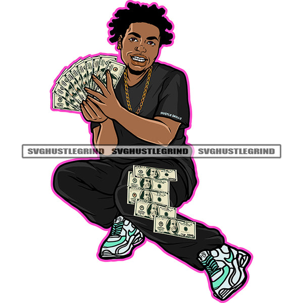 African American Gangster Man Sitting On Floor Design Element Melanin Man Holding Money White Background Locus Hair Style SVG JPG PNG Vector Clipart Cricut Cutting Files