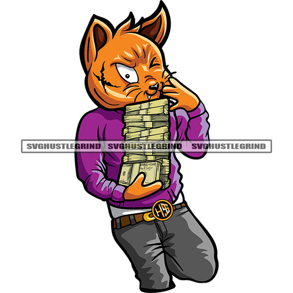 Sacrificed Hustled Paid The Price Quote Gangster Scarface Cat Holding Money Bundle Design Element Cat Carry Lot Of Money Color Cat Body White Background SVG JPG PNG Vector Clipart Cricut Cutting Files