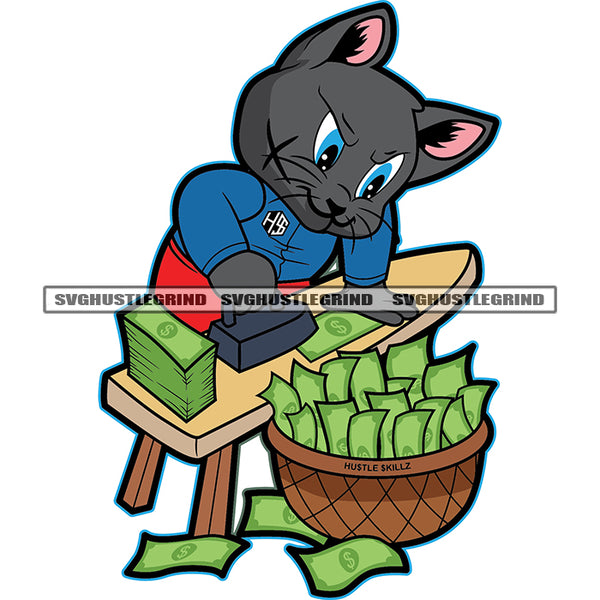 Gangster Scarface Cat Working Iron Money Vector Cat Standing Money Bundle White Background Black Cat Design Element SVG JPG PNG Vector Clipart Cricut Cutting Files