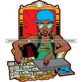 Lola Grinding Afro Woman Sitting On Chair Lot Of Money Bundle And Gold Coin Vector DVD Player White Background Melanin Woman Angry Face  SVG JPG PNG Vector Clipart Cricut Cutting Files