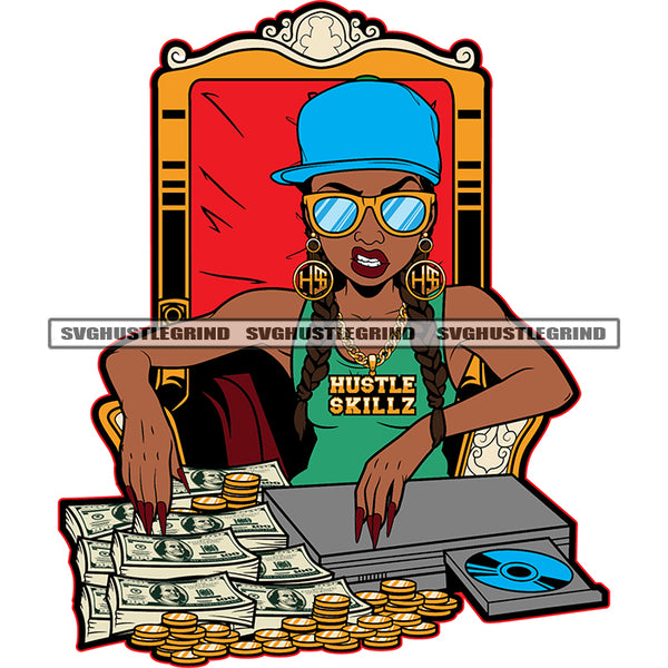 Lola Grinding Afro Woman Sitting On Chair Lot Of Money Bundle And Gold Coin Vector DVD Player White Background Melanin Woman Angry Face  SVG JPG PNG Vector Clipart Cricut Cutting Files