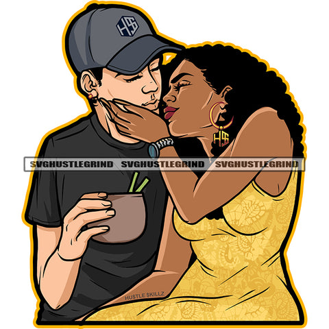 Melanin Couple Sitting Drink Water Vector Wearing Man Cap Woman Curly Long Hair Style Couple Romantic Pose White Background SVG JPG PNG Vector Clipart Cricut Cutting Files