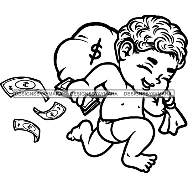 Black And White Artwork African American Baby Angle Carry Money Bag Smile Face Money Note Dripping BW SVG JPG PNG Vector Clipart Cricut Silhouette Cut Cutting