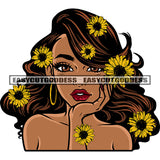 Beautiful Afro Girl Cute Pose Sun-flower On Head African American Girl Smile Face Design Element Wearing Hoop Earing Vector SVG JPG PNG Vector Clipart Cricut Silhouette Cut Cutting
