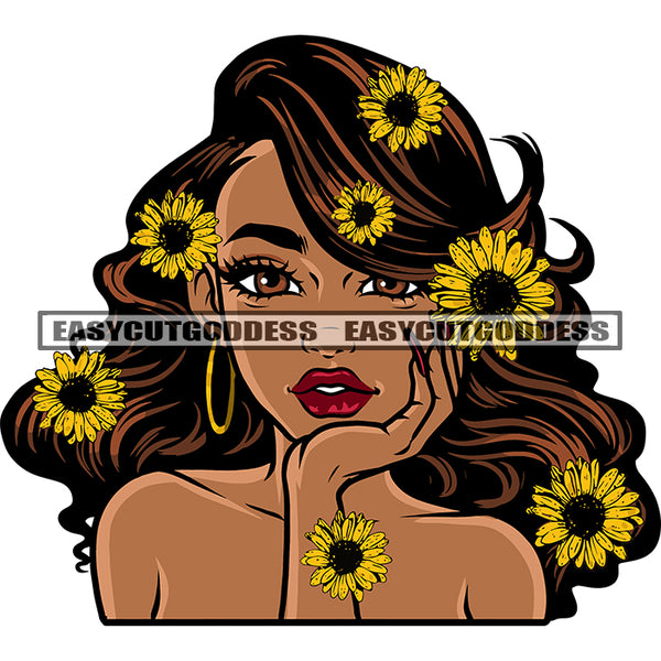 Beautiful Afro Girl Cute Pose Sun-flower On Head African American Girl Smile Face Design Element Wearing Hoop Earing Vector SVG JPG PNG Vector Clipart Cricut Silhouette Cut Cutting