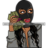 Gangster African American Girl Wearing Ski Mask Smile Face Hand Holding Lot Of Money Bundle Design Element Curly Long Hairstyle White Background Vector SVG JPG PNG Vector Clipart Cricut Silhouette Cut Cutting