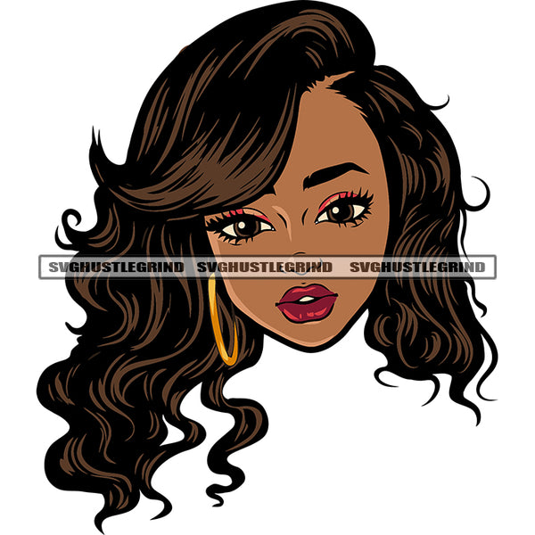 Beautiful African American Girls Smile Face Afro Short Hairstyle Wearing Hoop Earing Design Element White Background SVG JPG PNG Vector Clipart Cricut Silhouette Cut Cutting
