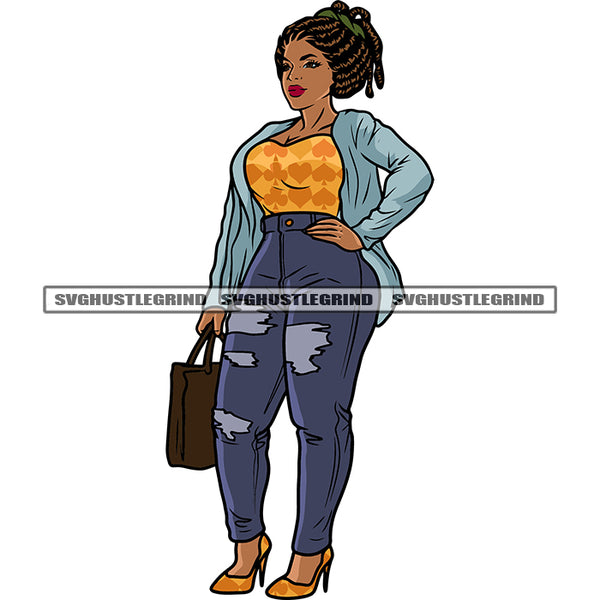 African American Woman Standing And Hand Holding Bag Locus Long Hairstyle Design Element White Background SVG JPG PNG Vector Clipart Cricut Silhouette Cut Cutting