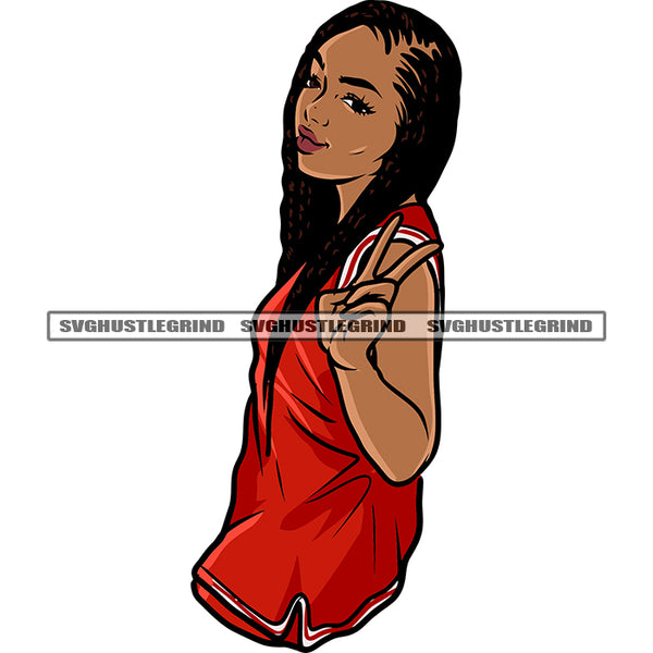 Peach Hand Sign African American Gangster Woman Wearing Sports Dress Basket Ball Dress Afro Long Hairstyle SVG JPG PNG Vector Clipart Cricut Silhouette Cut Cutting