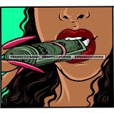 Woman Bite Money Roll On His Teeth African American Woman Face Long Nail Curly Hairstyle Green Color Background Design Element SVG JPG PNG Vector Clipart Cricut Silhouette Cut Cutting