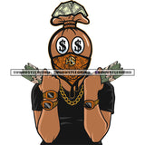Funny Money Bag Cartoon Character Hand Holding Money Bundle Design Element Dollar Sign On Character Eyes Wearing Watch SVG JPG PNG Vector Clipart Cricut Silhouette Cut Cutting