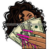 African American Woman Hide Face On Money Note Design Element Afro Woman Long Nail And Curly Hairstyle SVG JPG PNG Vector Clipart Cricut Silhouette Cut Cutting