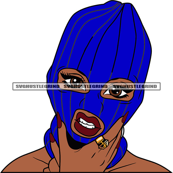 Angry Face African American Gangster Woman Wearing Ski Mask White Background Afro Girls Hand Long Nail White Background SVG JPG PNG Vector Clipart Cricut Silhouette Cut Cutting