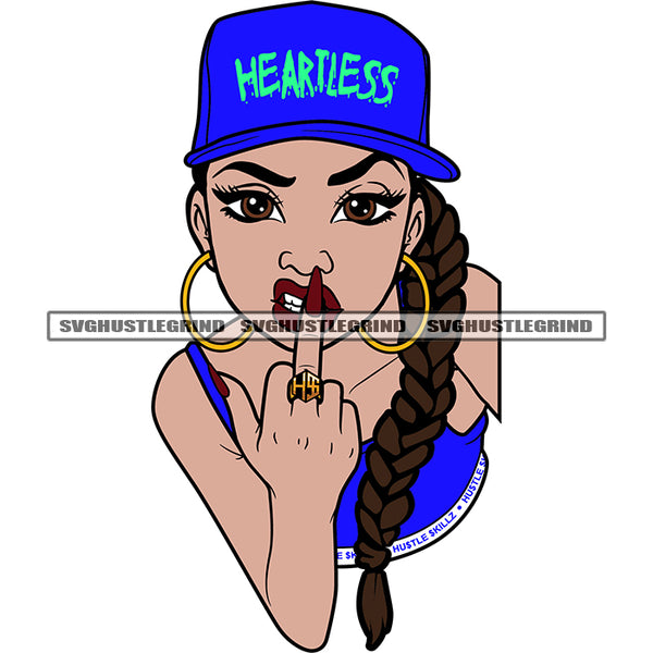 Heartless Quote On Cat African American Angry Face Girls Showing Middle Finger Long Nail Design Element Afro Girls Wearing Hoop Earing SVG JPG PNG Vector Clipart Cricut Silhouette Cut Cutting