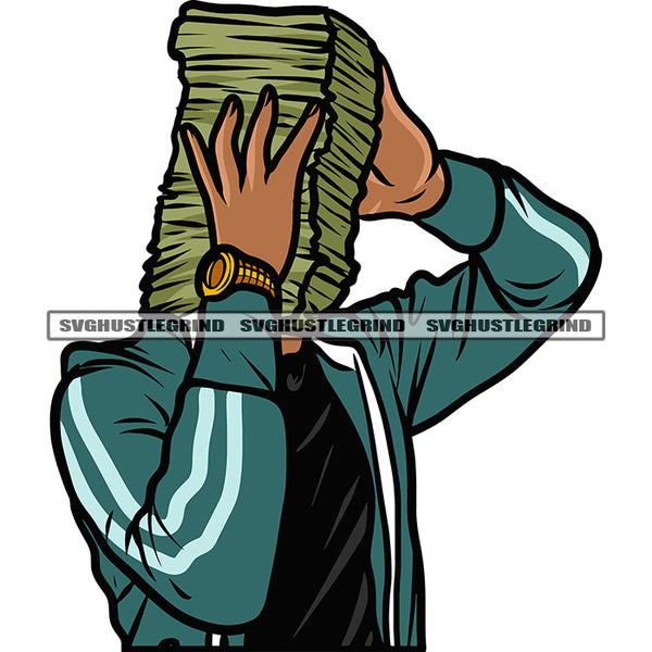 African American Woman Hand Holding Lot Of Money Bundle Afro Woman Wearing Watch Vector Design Element Whit Background SVG JPG PNG Vector Clipart Cricut Silhouette Cut Cutting