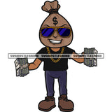 Funny Money Bag Head Cartoon Character Hand Holding Money Bundle Wearing Sunglass And Chain Smile Face Cartoon Character Standing SVG JPG PNG Vector Clipart Cricut Silhouette Cut Cutting