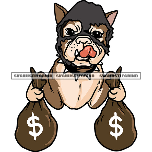African American Dog Hand Holding Money Bag Dog Wearing Ski Mask Color Design Element White Background SVG JPG PNG Vector Clipart Cricut Silhouette Cut Cutting