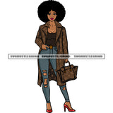 African American Girls Hand Holding Hand Bag Smile Face Afro Short Hairstyle Design Element White Background SVG JPG PNG Vector Clipart Cricut Silhouette Cut Cutting