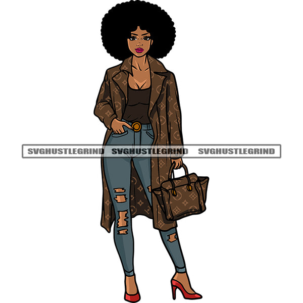African American Girls Hand Holding Hand Bag Smile Face Afro Short Hairstyle Design Element White Background SVG JPG PNG Vector Clipart Cricut Silhouette Cut Cutting