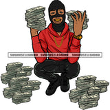 Gangster Boy Hand Holding Money Bundle And Wearing Ski Mask Smile Face Lot Of Money Bundle On Floor Design Element SVG JPG PNG Vector Clipart Cricut Silhouette Cut Cutting