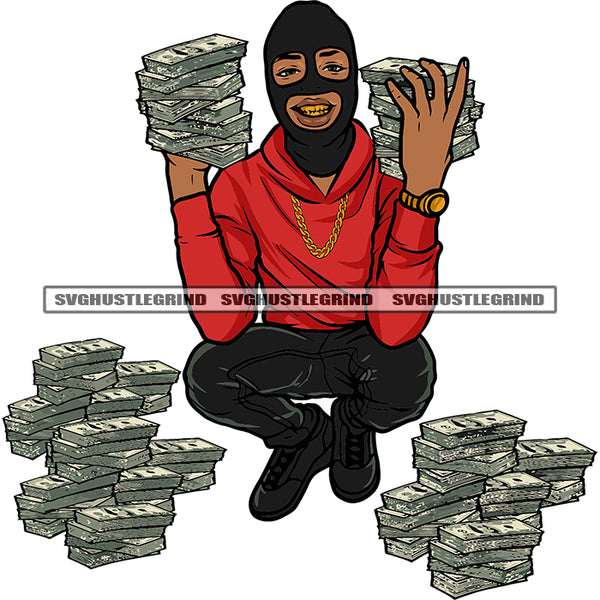 Gangster Boy Hand Holding Money Bundle And Wearing Ski Mask Smile Face Lot Of Money Bundle On Floor Design Element SVG JPG PNG Vector Clipart Cricut Silhouette Cut Cutting