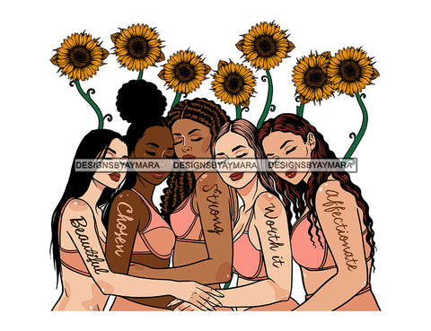 Group Of Women Together Different Ethnicity Caucasian Latina Asian African American Ladies True Love Feminist Beautiful Chosen Strong Woman Logo Design Element SVG JPG PNG Vector Clipart Cricut Silhouette Cut Cutting