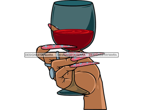 Woman Female Hand Holding Glass Of Wine Long Nails Manicure Alcohol Drink Beverage Liquor Logo Design Element SVG JPG PNG Vector Clipart Cricut Silhouette Cut Cutting