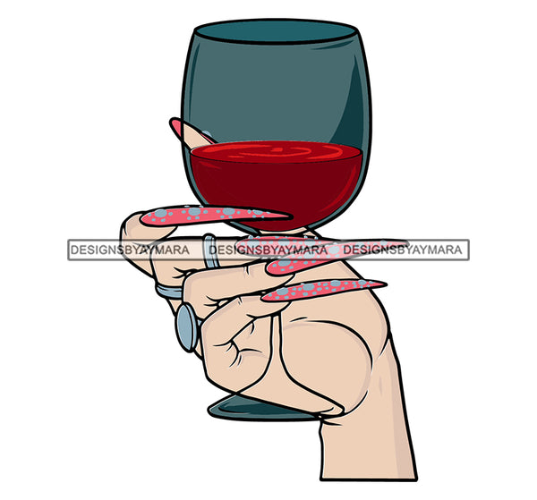 Woman Female Hand Holding Glass Of Wine Long Nails Manicure Alcohol Drink Beverage Liquor Logo Design Element SVG JPG PNG Vector Clipart Cricut Silhouette Cut Cutting