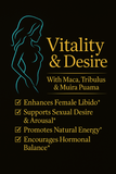 Vitality & Desire supplement front label featuring gold text, turquoise female silhouette, and libido support benefits for women.”