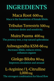 “Vitality & Desire ingredients list showing maca, tribulus, muira puama, ashwagandha KSM-66, ginkgo biloba, L-arginine, and L-citrulline with benefits.”