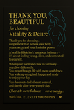 “Luxury thank you card for Vitality & Desire women’s libido supplement with gold typography and feminine silhouette.”
