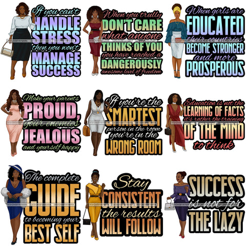 Bundle 9 Afro Beautiful Classy Lady Educated Successful Woman Life Quotes SVG Files For Cutting and More!