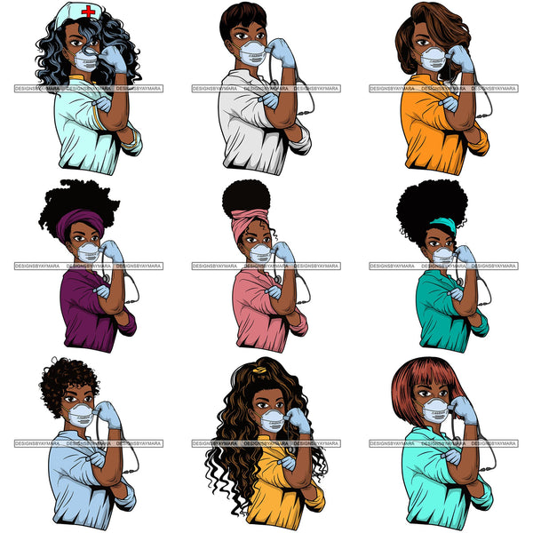 Bundle 9 Afro Lola Nurse Doctor Save Life Hero Wearing Mask Protection Flexing Strong Medical Occupation SVG Cutting Files