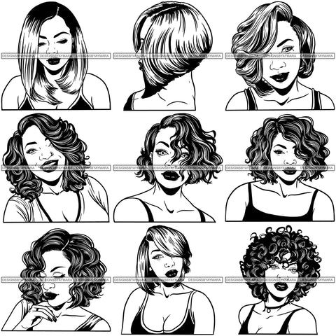 Bundle 9 Beautiful Afro Woman Unique Designs In Black and White SVG Cutting Files For Silhouette Cricut and More